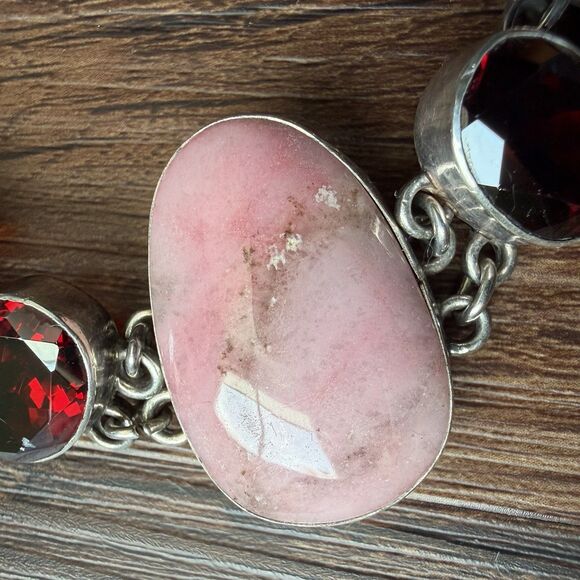 Vintage Pink Opal & Garnet Red Glass Sterling Silver Bracelet 6.5” 925 AP, 47g - Picture 6 of 16